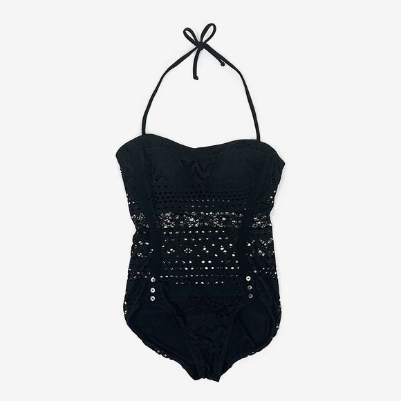 Robin Piccone Penelope Crochet Overlay Swimsuit Size 6 Black One Piece Swimwear - Picture 1 of 4